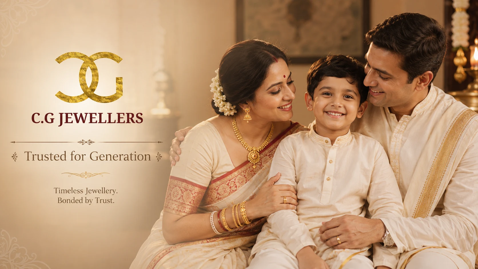 A family together at home, the mother wearing a gold necklace and bangles